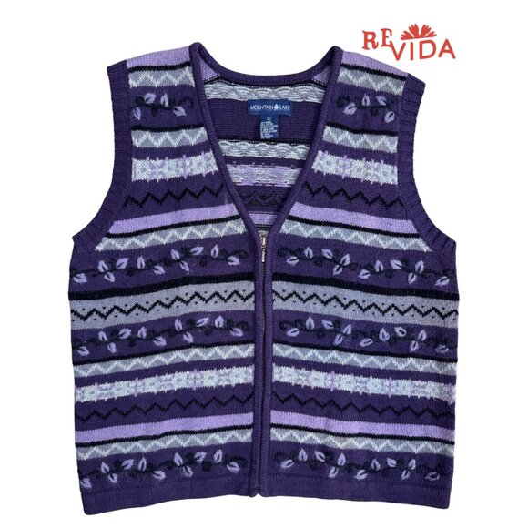 Mountain Lake Sweaters - Vintage Purple Pattered Striped Sweater Vest with Zipper